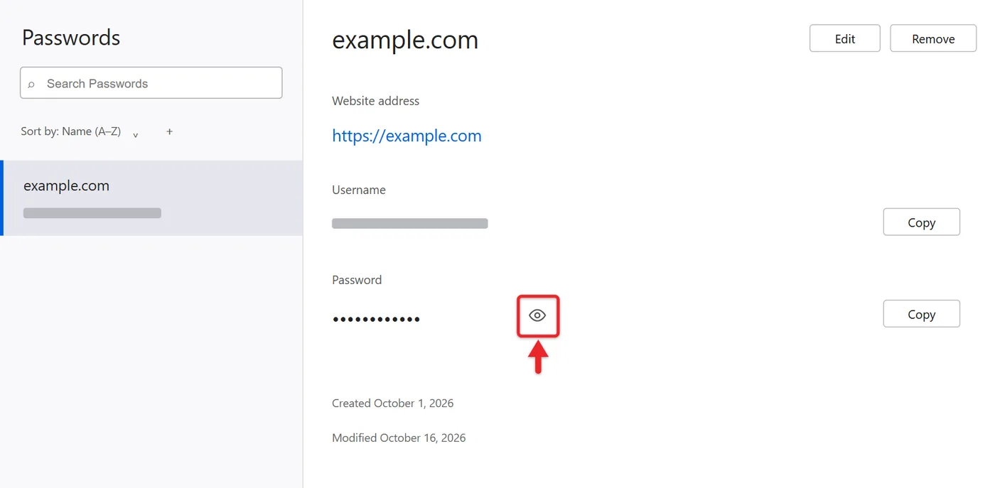 How to Find Saved Passwords on Windows 11 5 Firefox about:logins page with a saved login selected and the reveal password eye icon