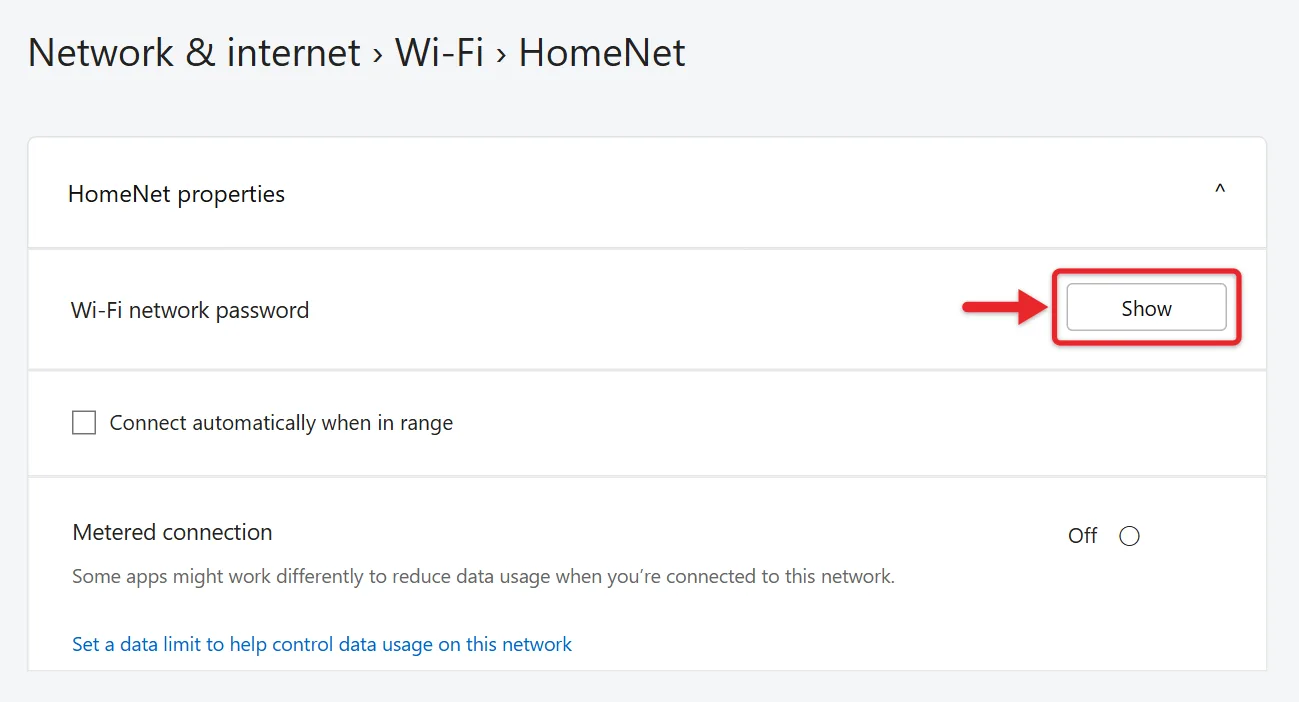 How to Find Saved Passwords on Windows 11 6 Wi-Fi network properties in Windows 11 Settings with the Show button next to the network password