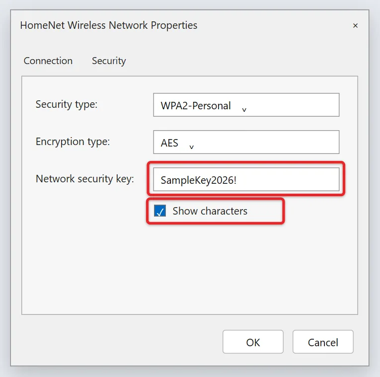 How to Find Saved Passwords on Windows 11 7 Wireless Network Properties Security tab with Show characters checked revealing the network security key