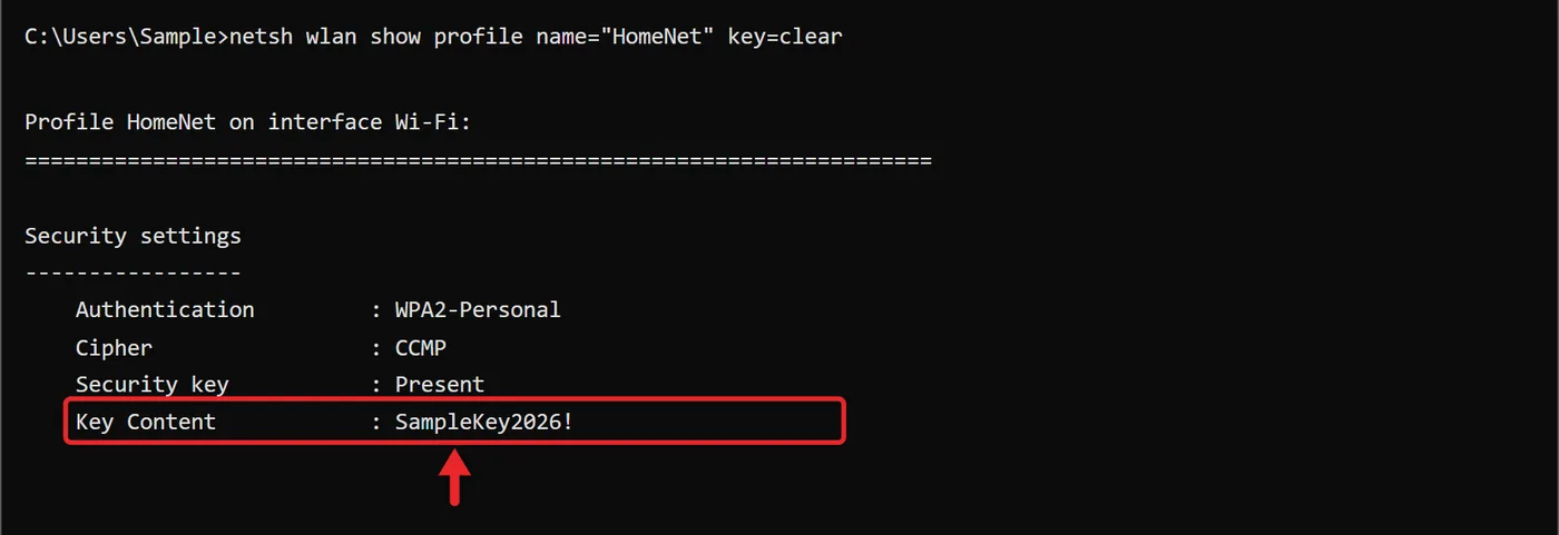 How to Find Saved Passwords on Windows 11 8 Command Prompt netsh wlan show profile output with the Key Content line highlighted
