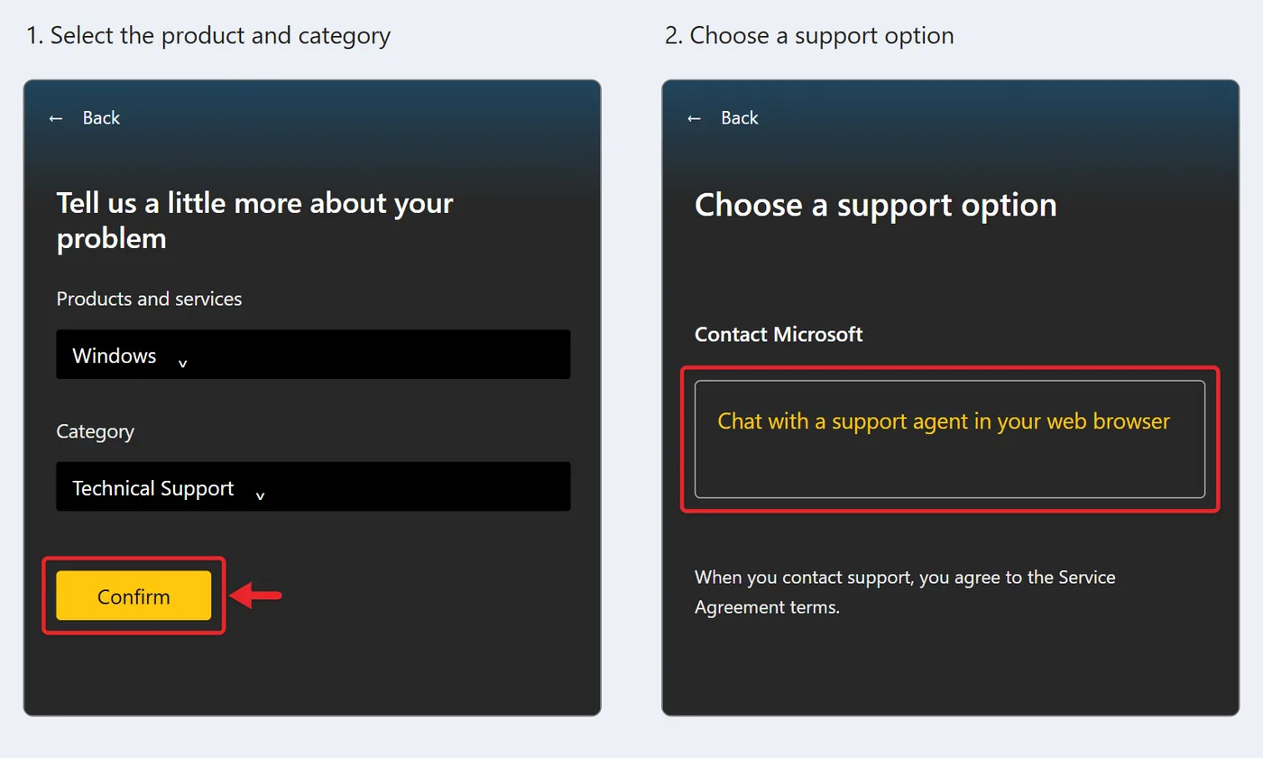 How to Get Help in Windows 11 6 Two successive Get Help contact screens showing product and category selection, then an available chat support option