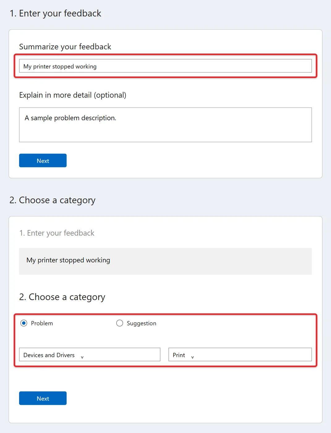 How to Get Help in Windows 11 9 Two successive Feedback Hub form views showing a sample summary, then Problem and category selection