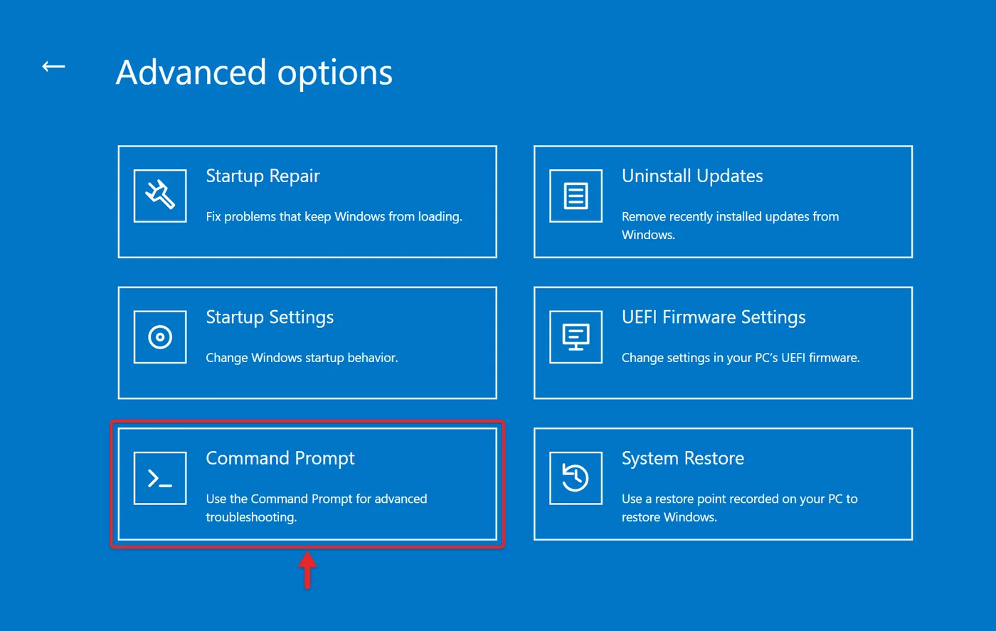 How to Run CHKDSK in Windows 11 or Windows 10 5 Windows Recovery Environment Advanced options screen with the Command Prompt tile