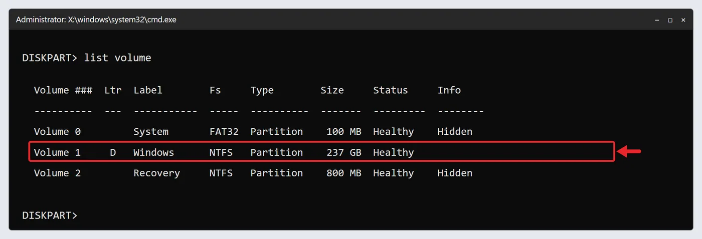 How to Run CHKDSK in Windows 11 or Windows 10 6 DiskPart list volume output in the recovery Command Prompt showing drive letters