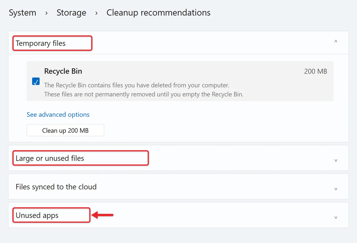 How to Delete Temp Files in Windows 11 4 Windows 11 Cleanup recommendations page listing temporary files, large files and unused apps
