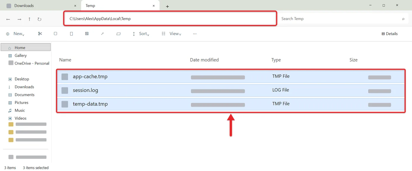 How to Delete Temp Files in Windows 11 6 File Explorer open to the AppData Local Temp folder with all files selected