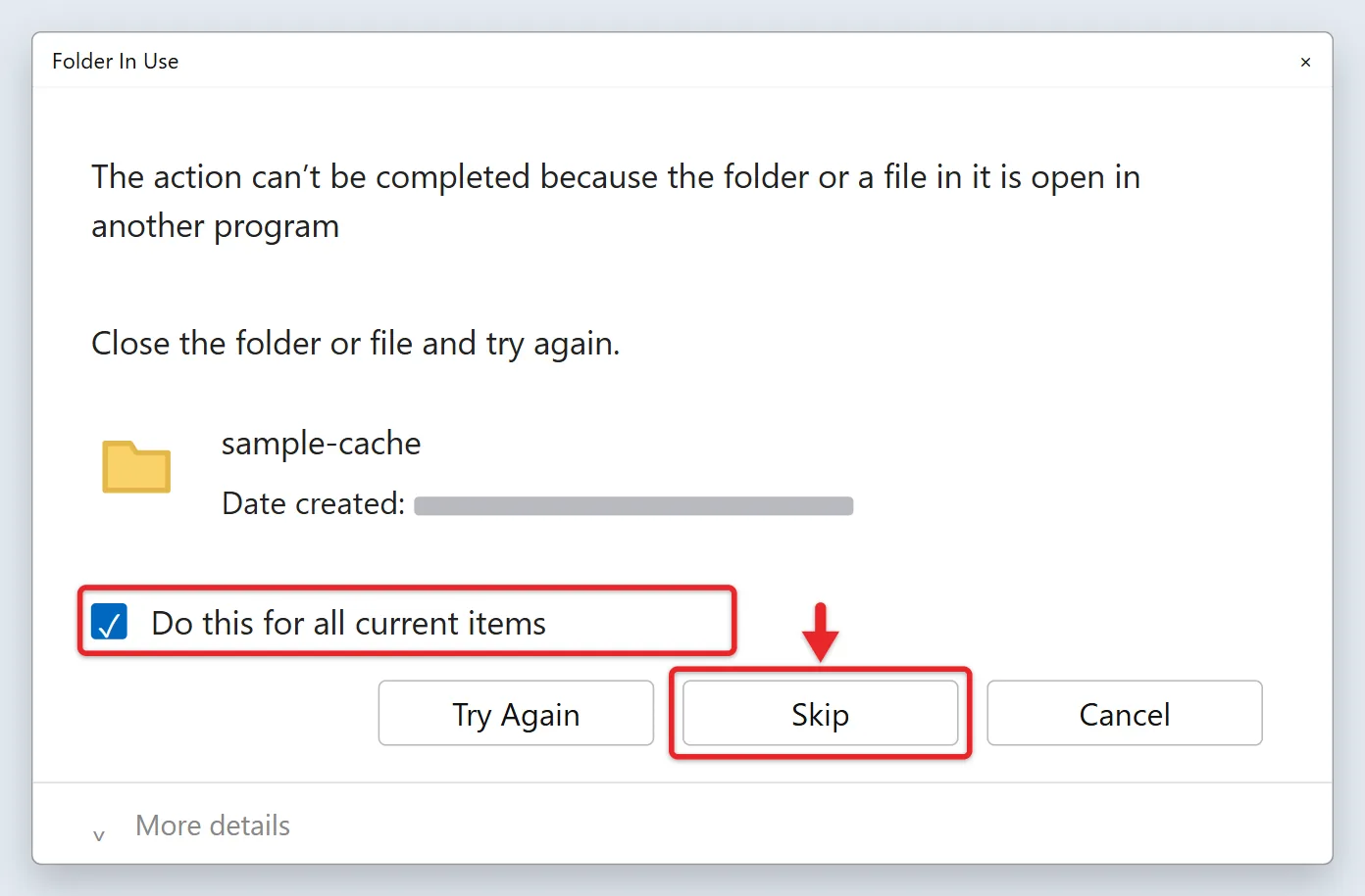 How to Delete Temp Files in Windows 11 7 Recreated Windows Folder In Use dialog with Do this for all current items checked and Skip highlighted