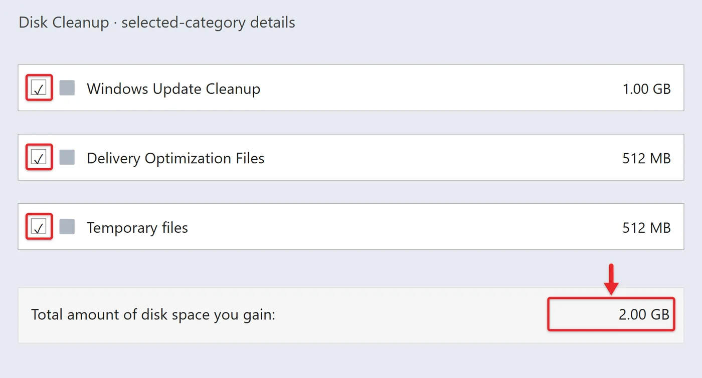 How to Delete Temp Files in Windows 11 8 Recreated enlarged Disk Cleanup details with Windows Update Cleanup, Delivery Optimization Files and Temporary files checked and a 2.00 GB total