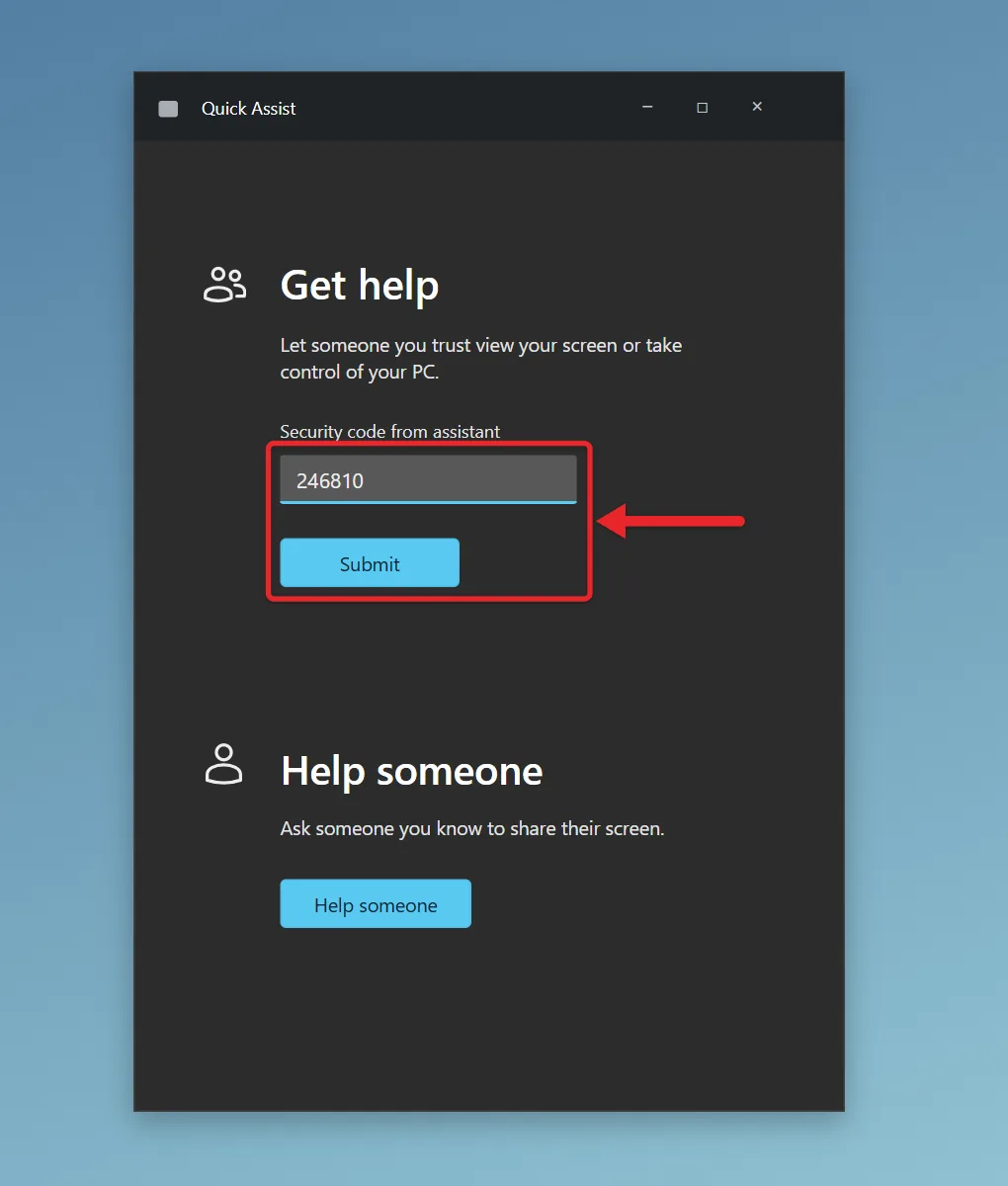 Can I Live Chat with Microsoft Support? Here's How 4 Quick Assist window with a code entered in the Code from assistant box