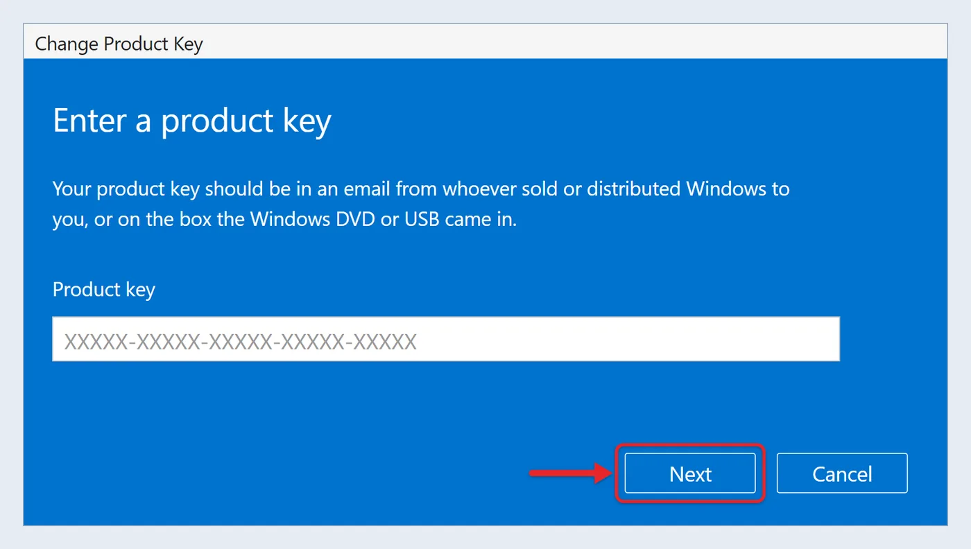 How to Download Windows 11 Pro 3 Recreated blue Change Product Key window with Enter a product key heading an XXXXX placeholder and Next highlighted