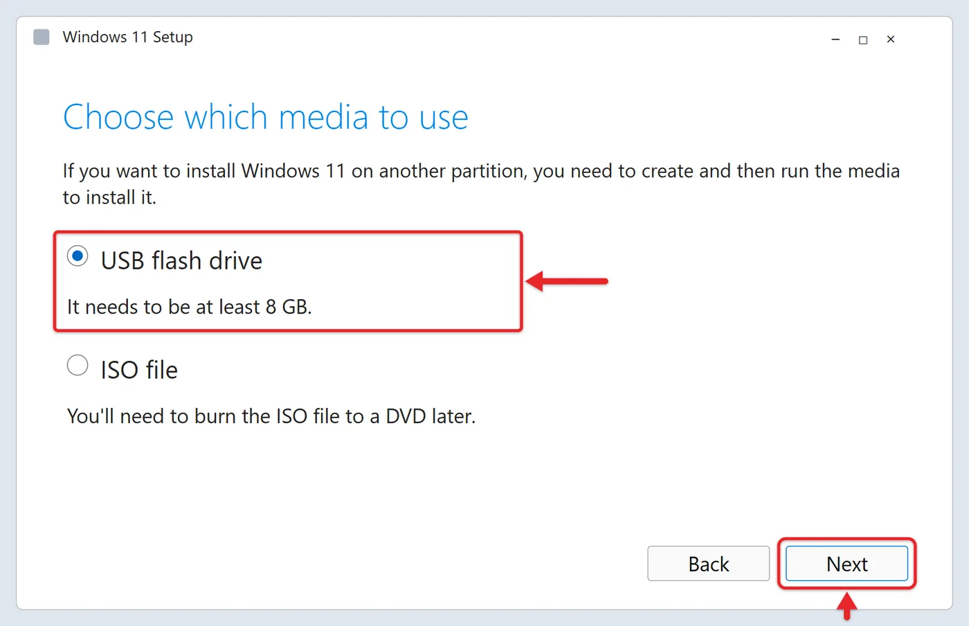 How to Download Windows 11 Pro 6 Recreated Windows 11 Setup Choose which media to use screen with USB flash drive selected and USB and Next highlighted
