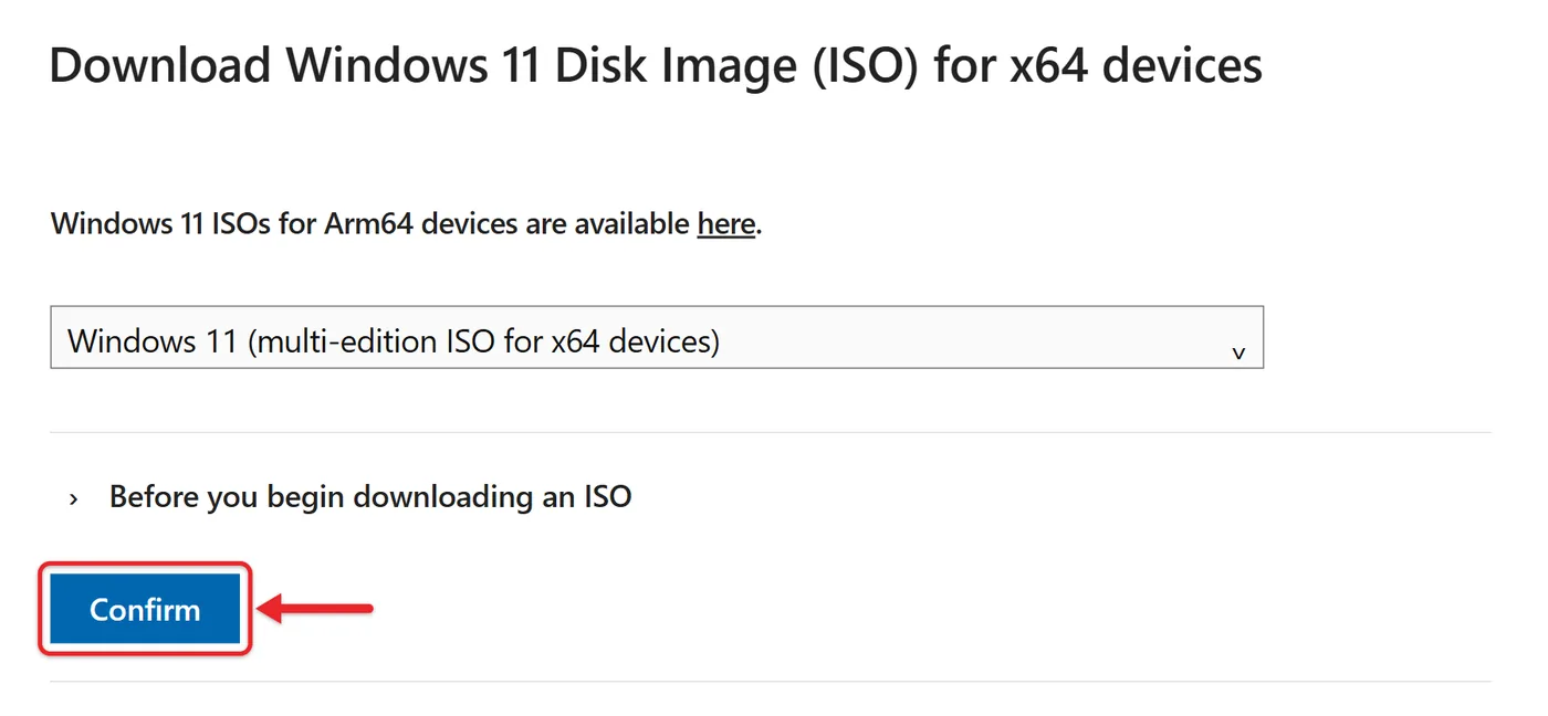 How to Download Windows 11 Pro 7 Recreated current Microsoft Windows 11 ISO section with multi edition ISO for x64 devices selected and Confirm highlighted