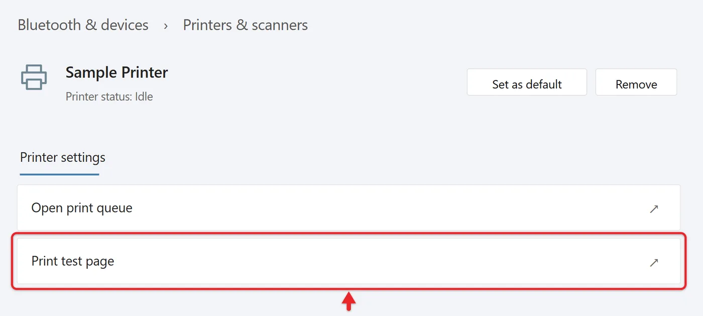 How to Add a Printer in Windows 11 2 Recreated Windows 11 Sample Printer settings detail with Print test page highlighted