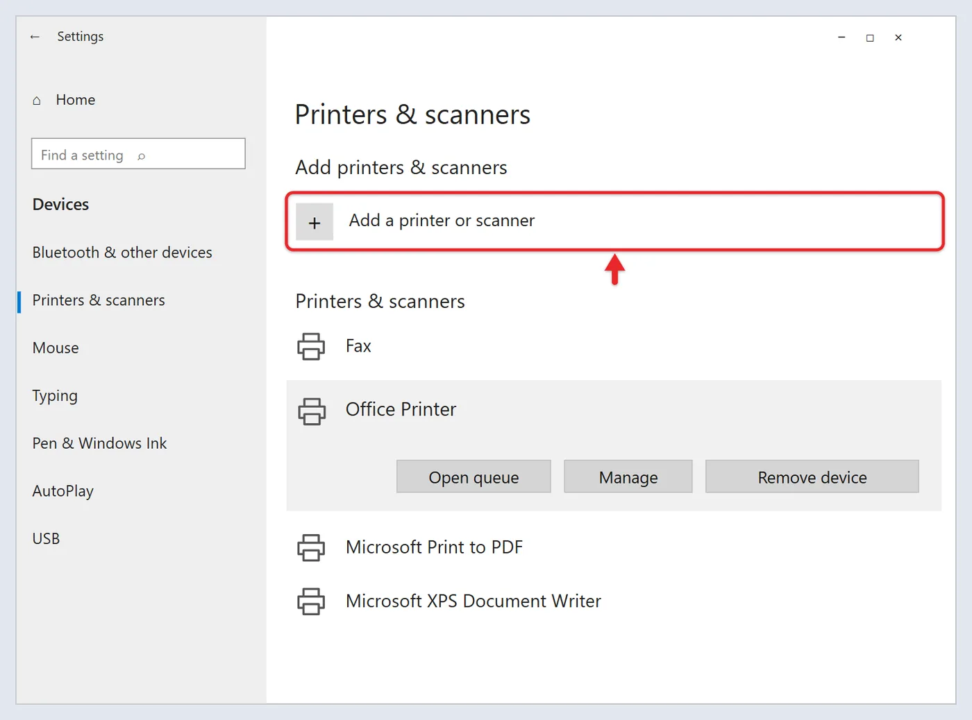 How to Add a Printer in Windows 11 4 Recreated Windows 10 Printers and scanners settings with Add a printer or scanner highlighted