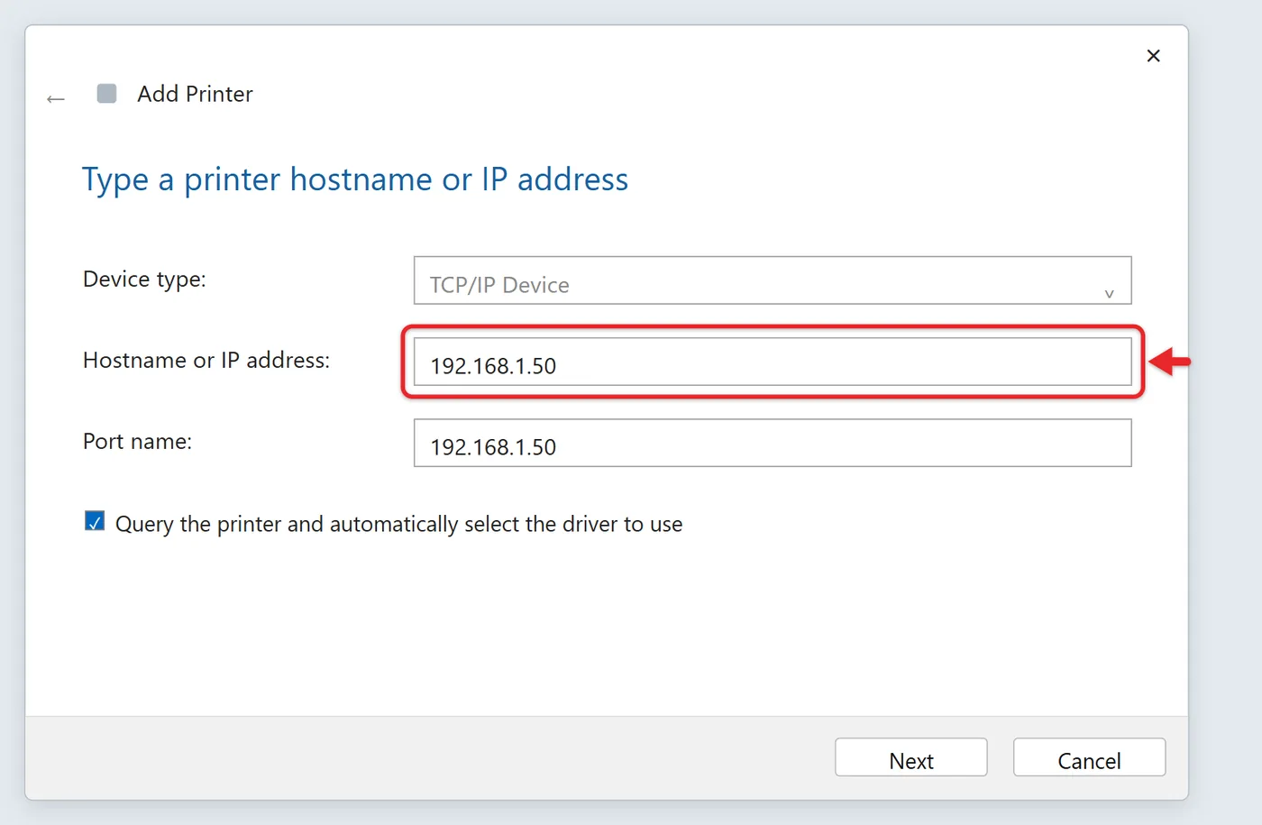 How to Add a Printer in Windows 11 6 Recreated Add Printer hostname or IP address form with example 192.168.1.50 highlighted