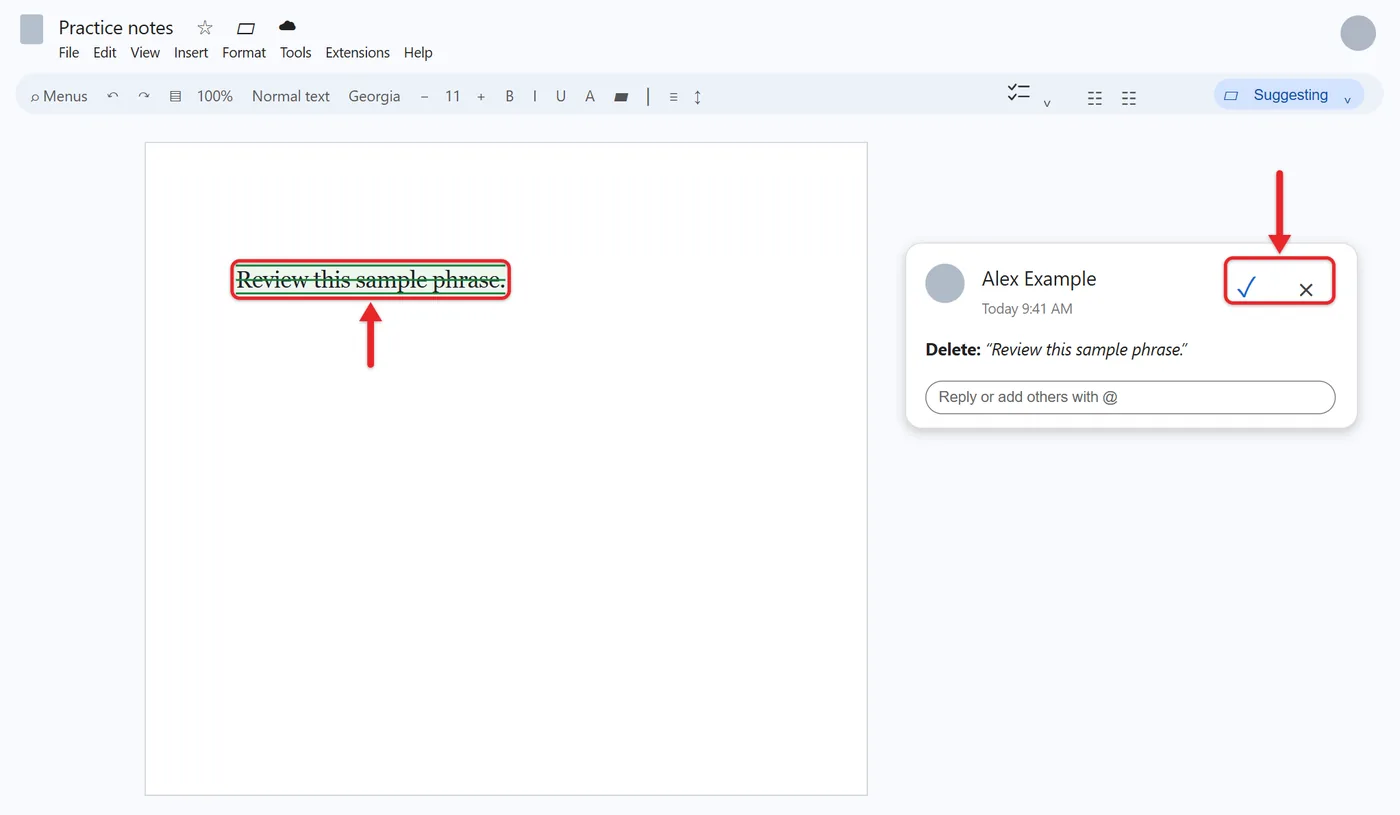 How to Strikethrough in Google Docs 4 Recreated current Google Docs Suggesting mode with a green struck-through sample deletion and a fictional Alex Example review card showing Accept check and Reject X