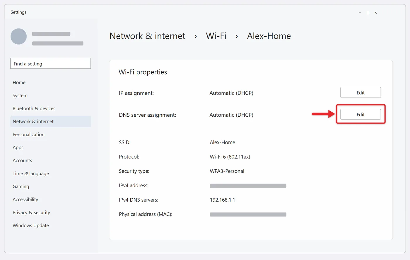 How to Change Your DNS Server in Windows 11 1 Recreated Windows 11 Wi-Fi properties with DNS server assignment Edit highlighted and address data hidden