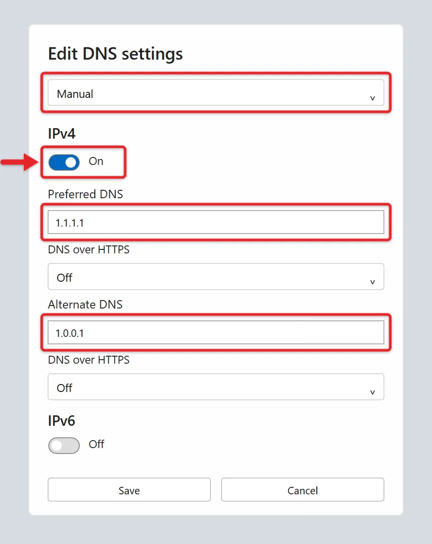 How to Change Your DNS Server in Windows 11 2 Recreated Edit DNS settings with Manual IPv4 on, Cloudflare sample addresses, IPv6 off and Save visible