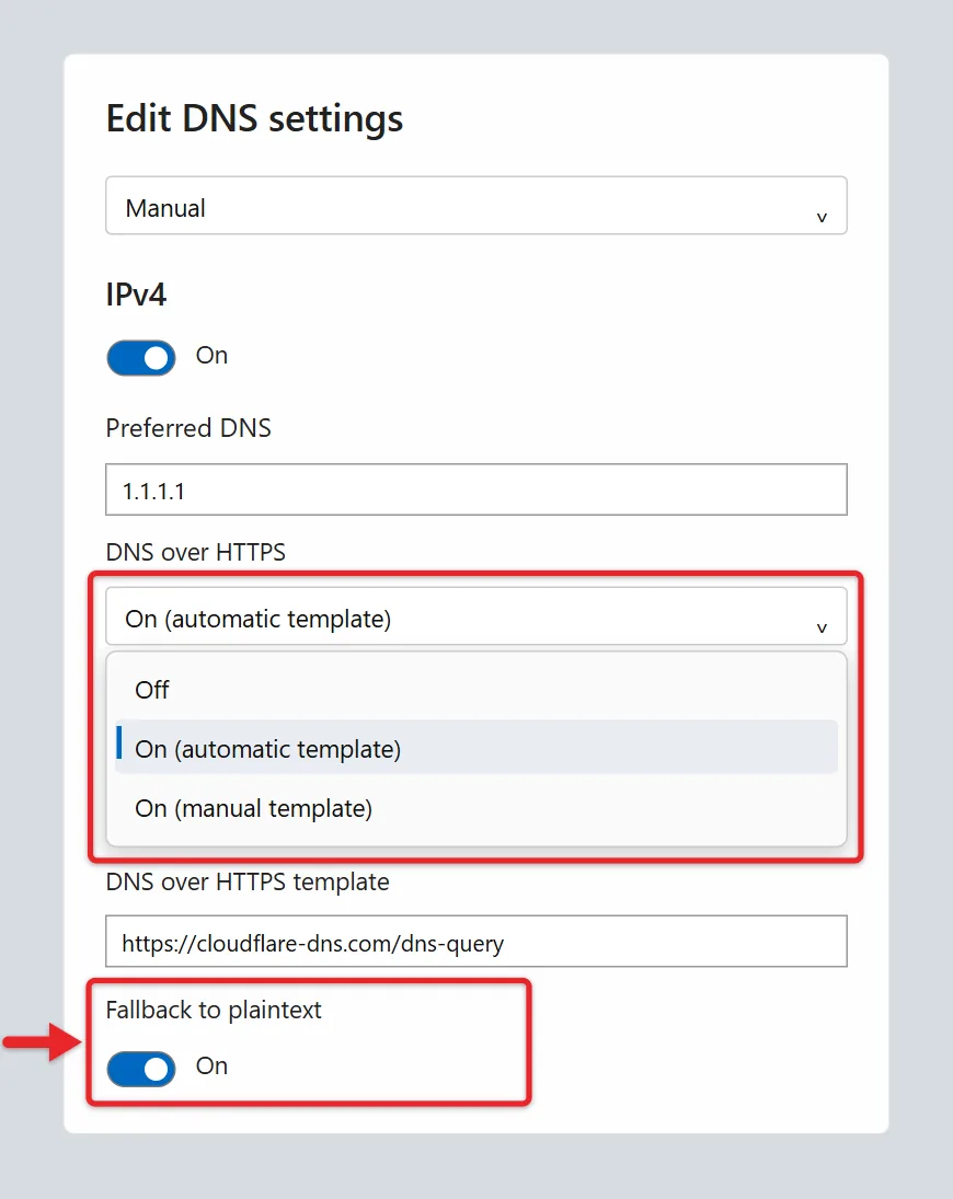 How to Change Your DNS Server in Windows 11 3 Recreated preferred DNS over HTTPS menu with all three options and Fallback to plaintext highlighted