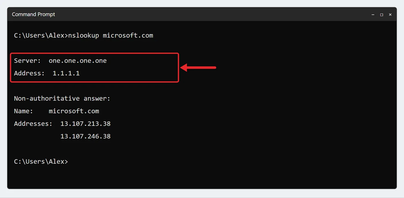 How to Change Your DNS Server in Windows 11 4 Recreated nslookup microsoft.com example highlighting one.one.one.one and 1.1.1.1 as the responding DNS server