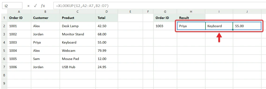 How to Use XLOOKUP in Excel 3 XLOOKUP spilling customer, product and total across three cells