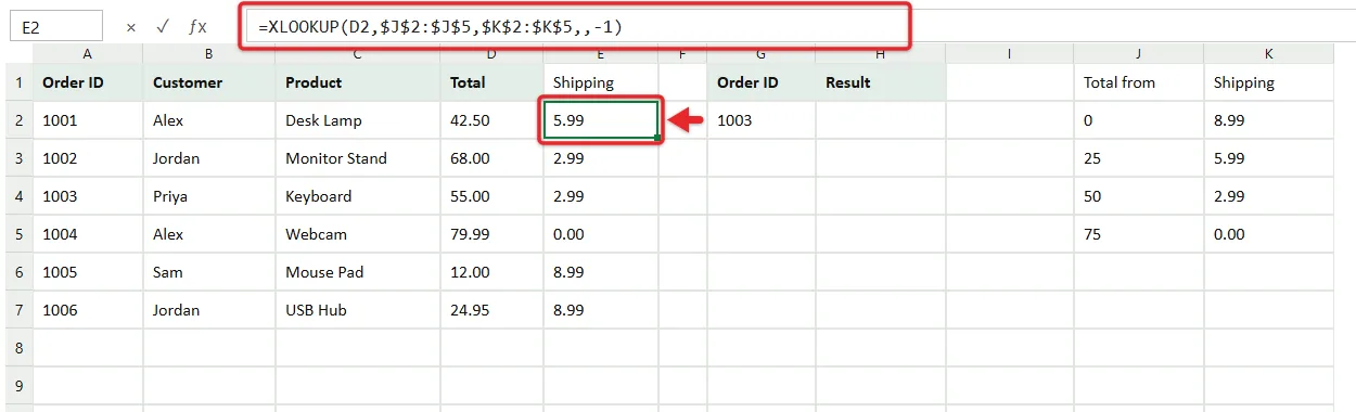 How to Use XLOOKUP in Excel 2 XLOOKUP approximate match returning a shipping rate tier