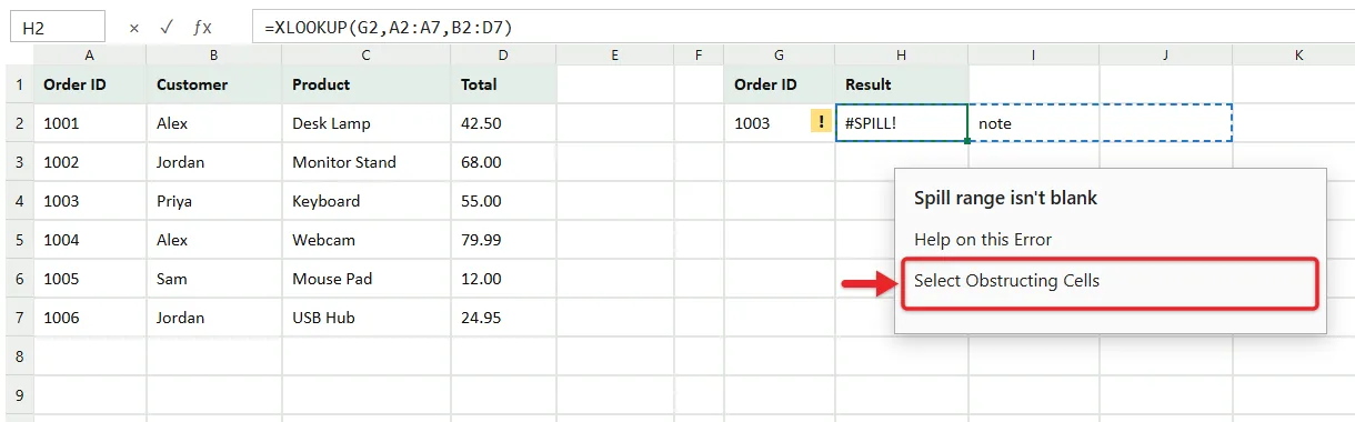 How to Use XLOOKUP in Excel 4 Excel #SPILL! error menu showing Select Obstructing Cells