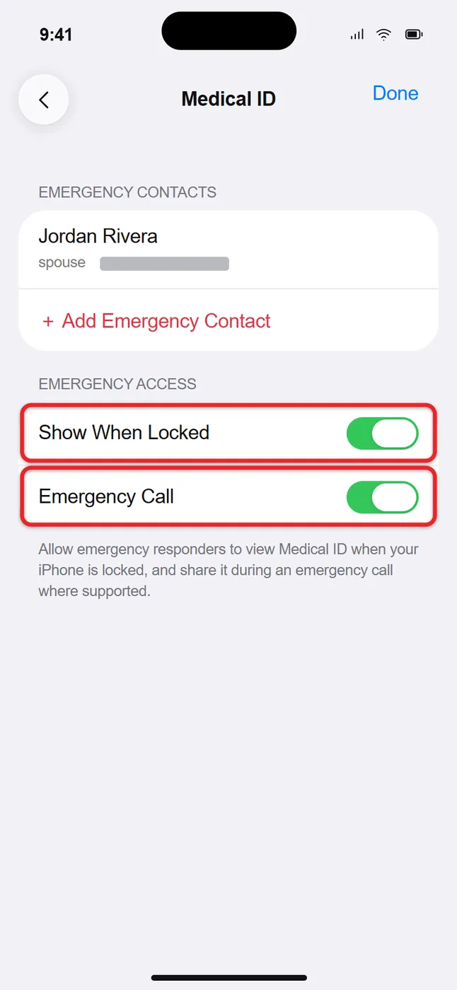 How to Set Up Medical ID on iPhone 2 Recreated Medical ID with fictional emergency contact and Show When Locked and Emergency Call switches enabled