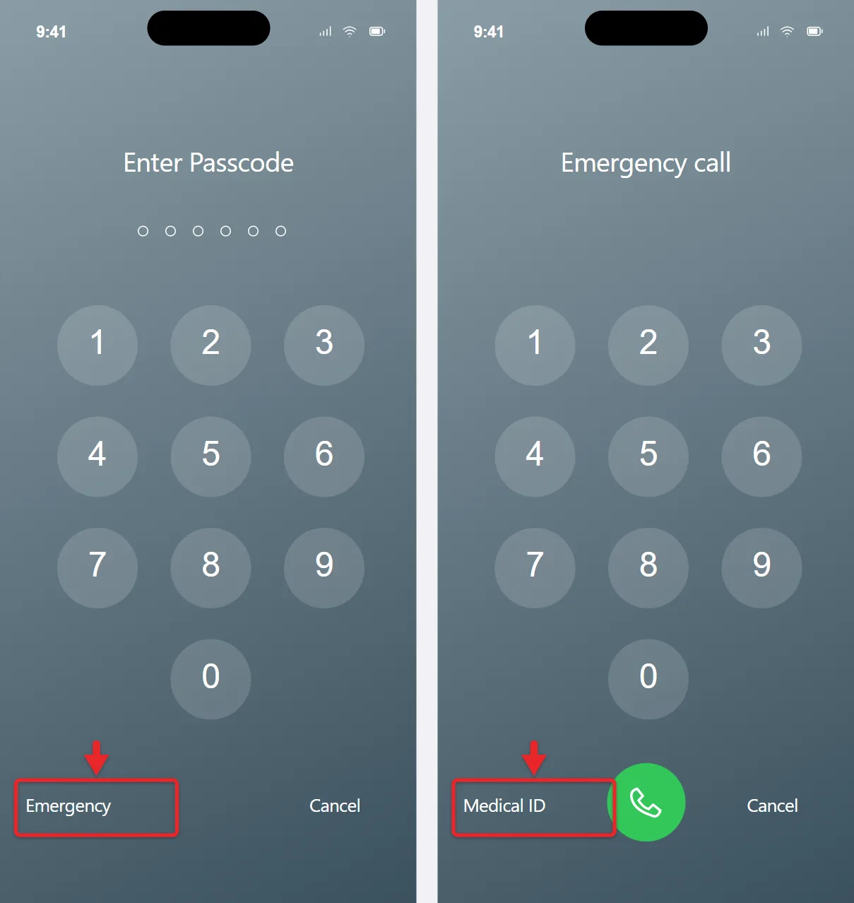 How to Set Up Medical ID on iPhone 3 iPhone passcode screen and emergency keypad with the Emergency and Medical ID buttons highlighted
