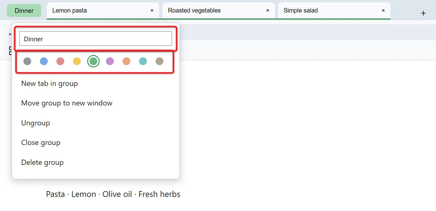 How to Use Tab Groups in Google Chrome 2 Chrome tab group edit box with the name Dinner and green color selected