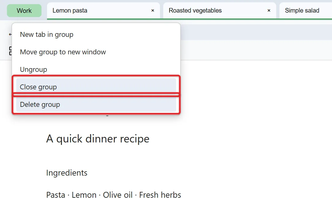 How to Use Tab Groups in Google Chrome 4 Chrome tab group menu showing Close group, Ungroup and Delete group options