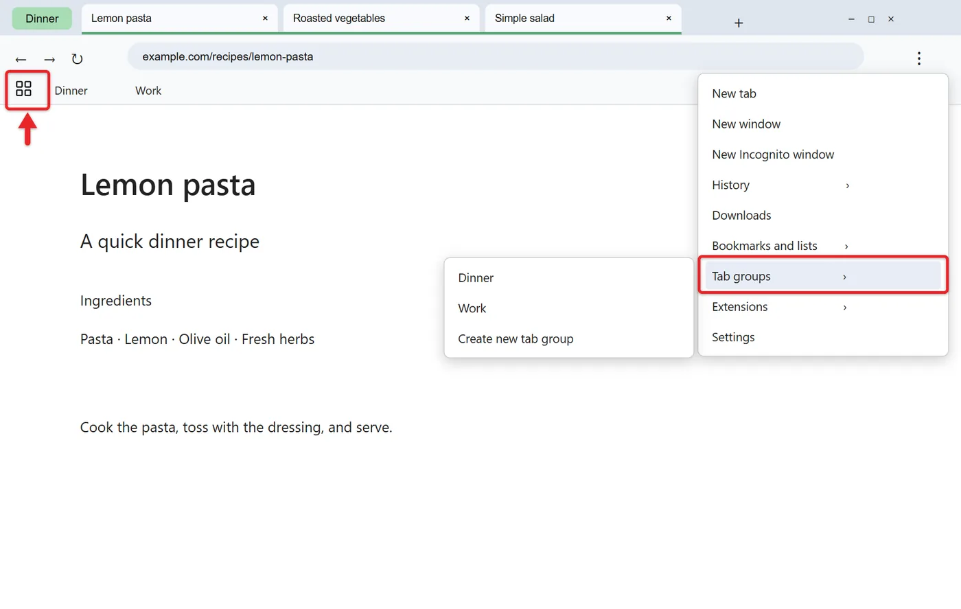How to Use Tab Groups in Google Chrome 3 Chrome More menu with Tab groups submenu listing saved groups