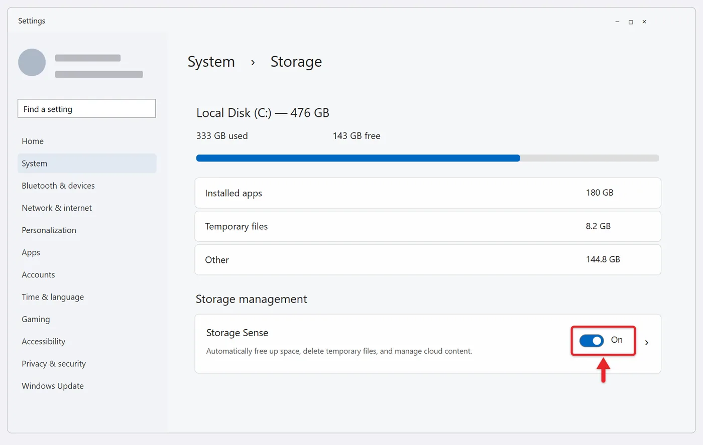 How to Turn On Storage Sense in Windows 11 1 Windows 11 Storage settings with the Storage Sense switch turned on