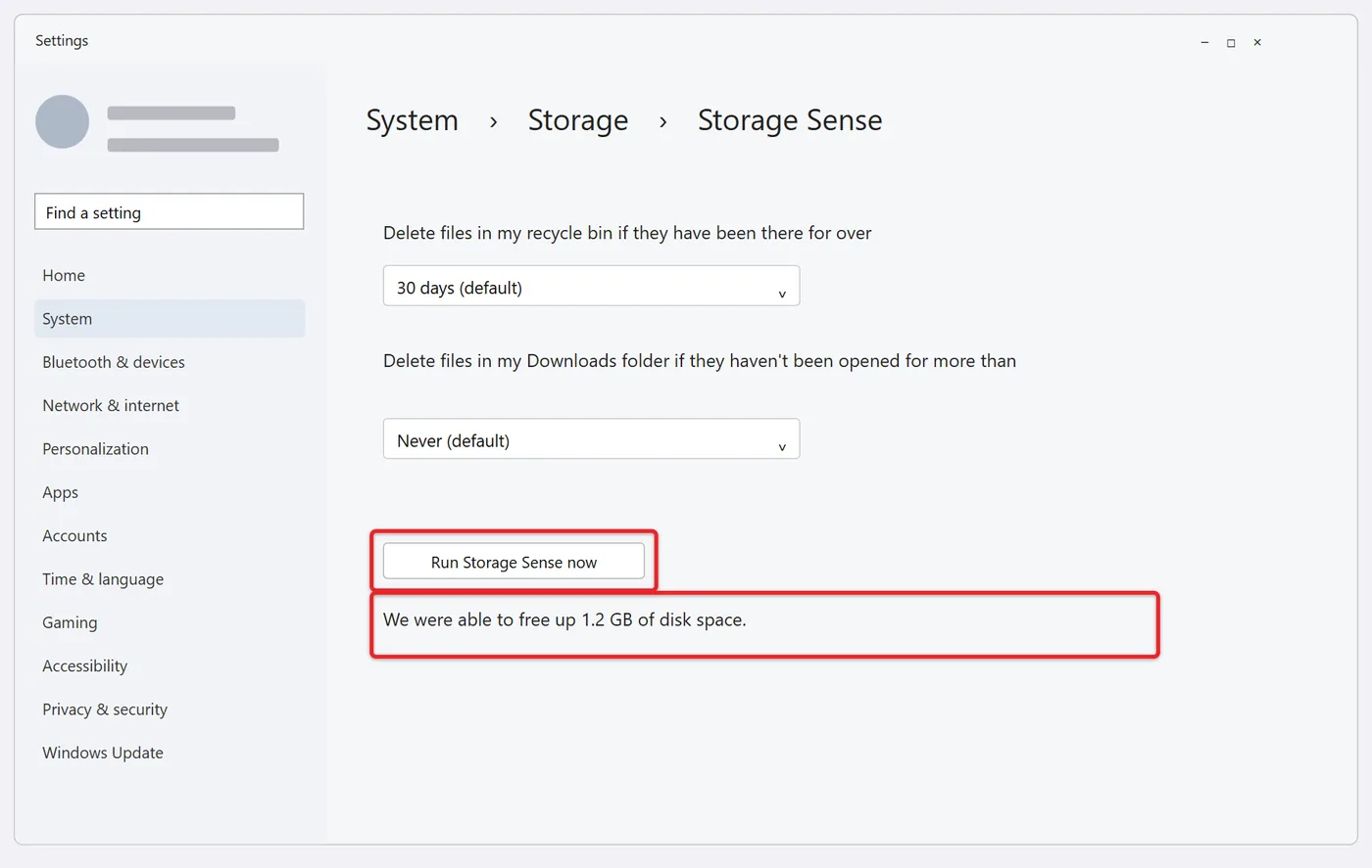How to Turn On Storage Sense in Windows 11 4 Run Storage Sense now button with space freed result
