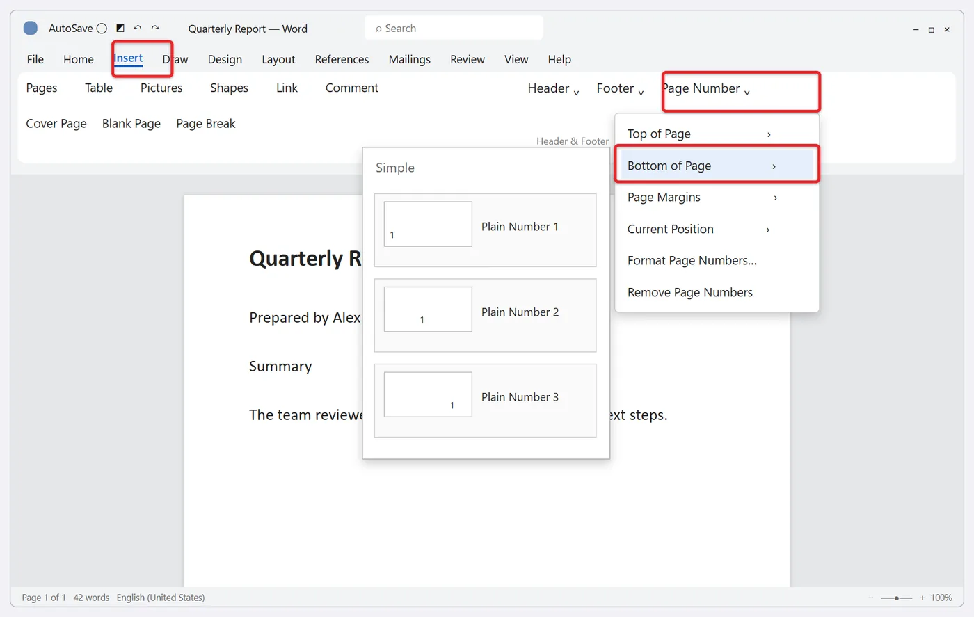 How to Add Page Numbers in Word 1 Word Insert tab with Page Number menu open and Bottom of Page gallery showing Plain Number designs