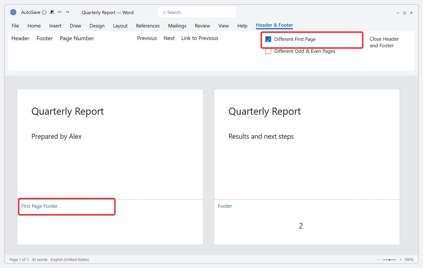 How to Add Page Numbers in Word 3 Word Header and Footer tab with Different First Page checked and an empty First Page Footer