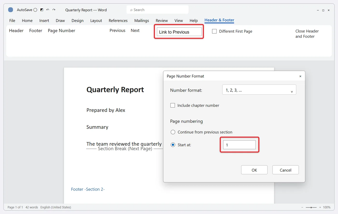 How to Add Page Numbers in Word 4 Word Format Page Numbers dialog with Start at set to 1 and Link to Previous turned off for section 2