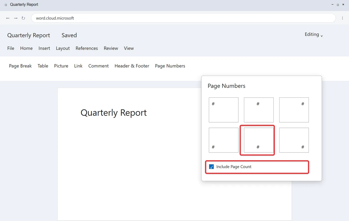 How to Add Page Numbers in Word 2 Word for the web Page Numbers panel with Include Page Count checked and position options
