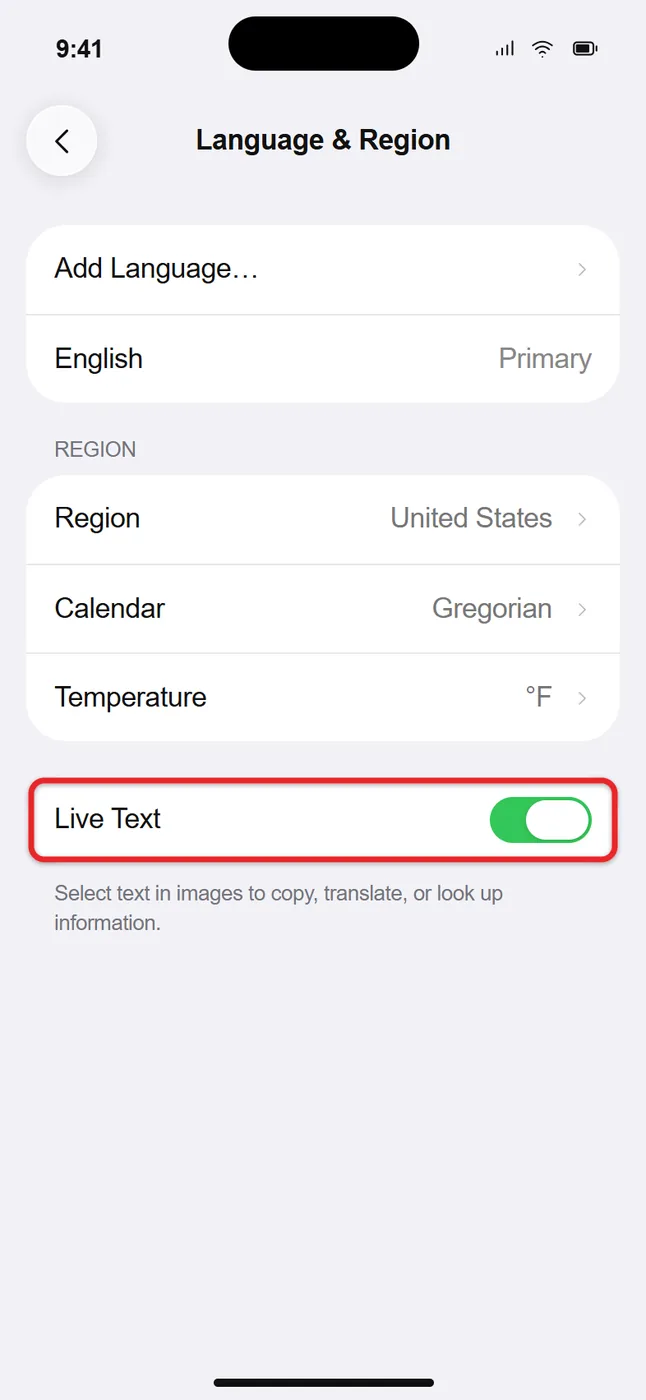 How to Use Live Text on iPhone 1 Live Text switch turned on in iPhone Language & Region settings