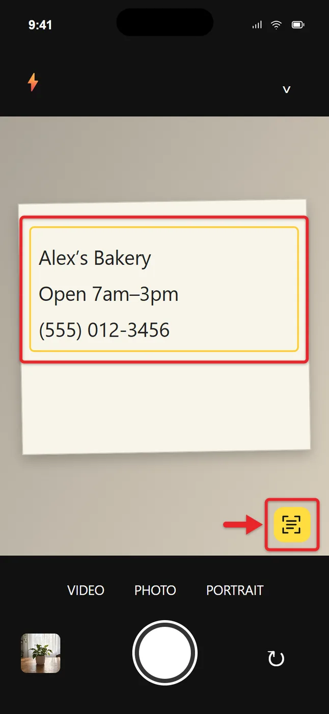 How to Use Live Text on iPhone 3 Yellow Live Text frame and Live Text button in the iPhone Camera app