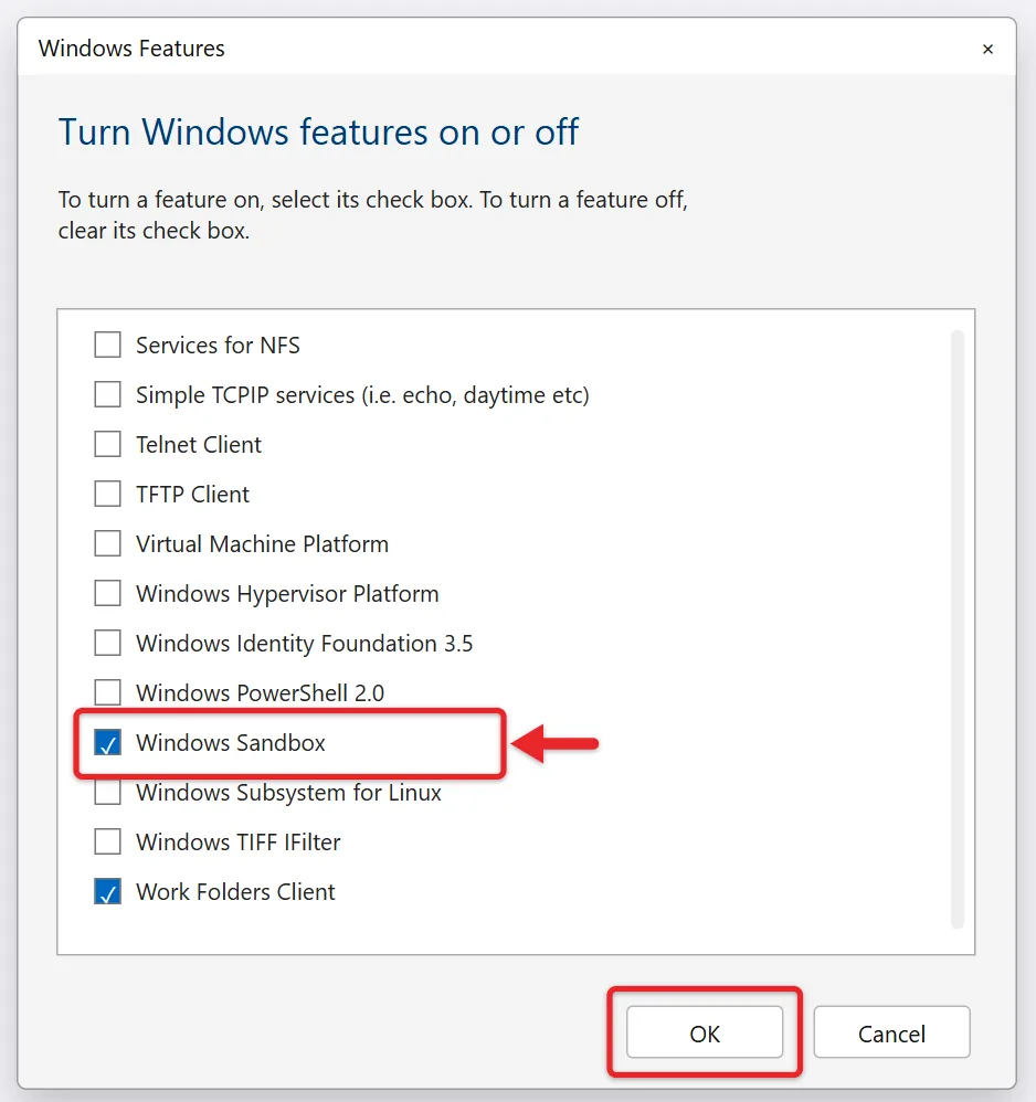 How to Use Windows Sandbox in Windows 11 1 Windows Features dialog with the Windows Sandbox checkbox selected