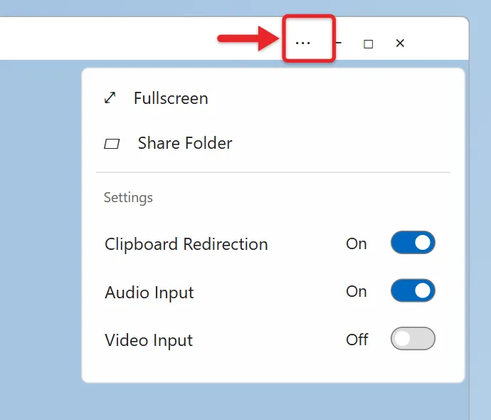 How to Use Windows Sandbox in Windows 11 3 The Windows Sandbox title bar menu with clipboard, audio, video and folder sharing options