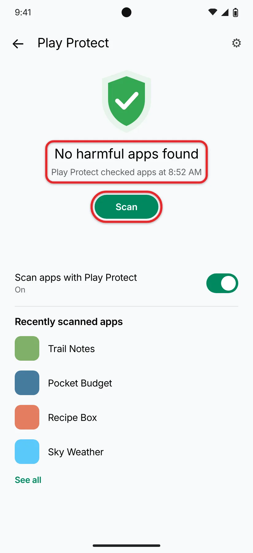5 Common Types of Phone Viruses and How to Know If You Have One 2 Google Play Protect screen on an Android phone showing the last scan time and a Scan button