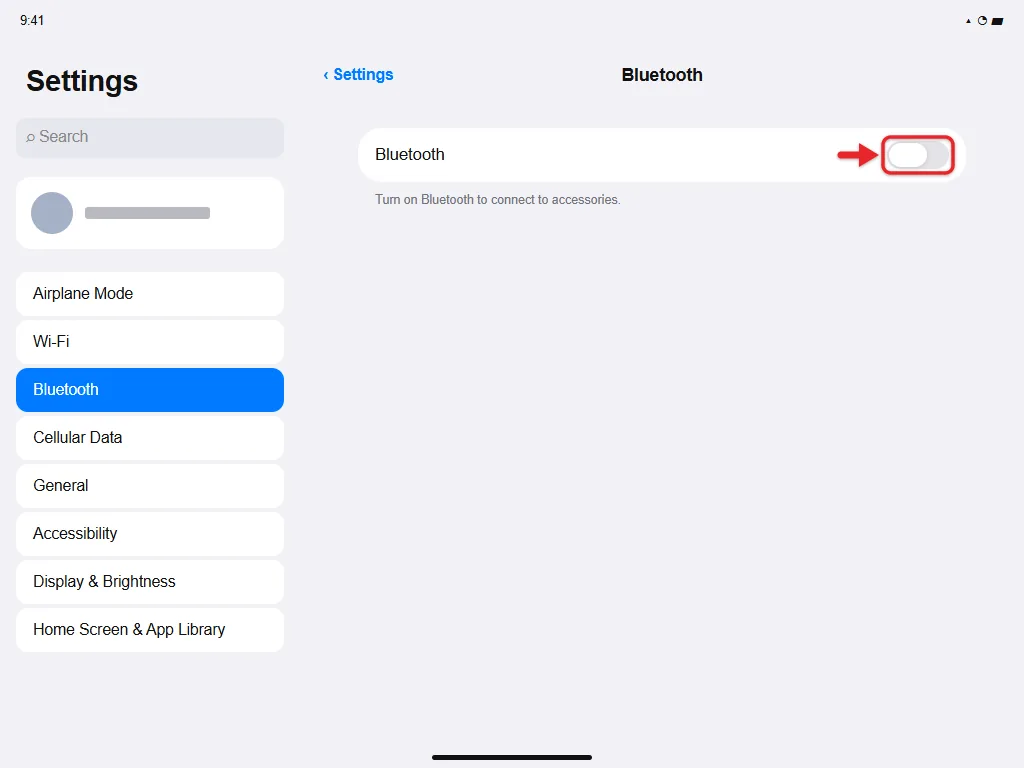 How to Turn Bluetooth On or Off on iPhone or iPad 1 iPad Bluetooth settings with the Bluetooth switch turned off