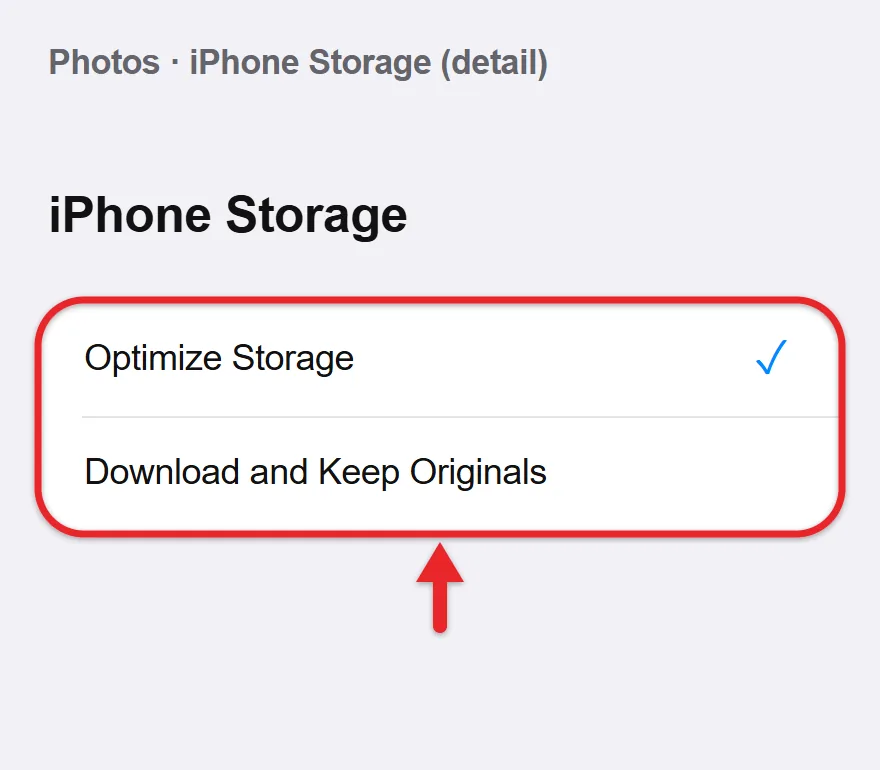 How to Turn iCloud Photos On or Off on iPhone 3 Recreated iPhone iCloud Photos storage detail with Optimize Storage checked and Download and Keep Originals below it