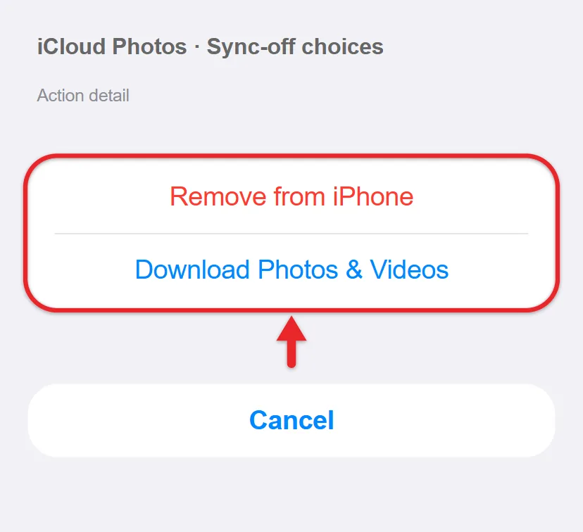 How to Turn iCloud Photos On or Off on iPhone 4 Recreated iCloud Photos sync-off action detail with Remove from iPhone and Download Photos and Videos highlighted