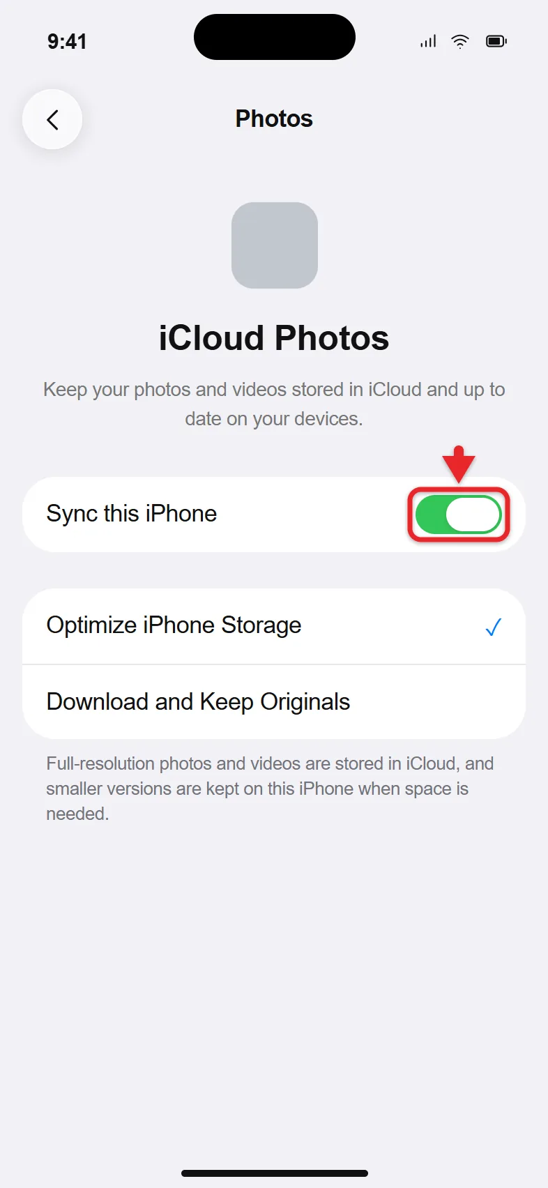 How to Turn iCloud Photos On or Off on iPhone 1 iCloud Photos settings on iPhone with Sync this iPhone turned on