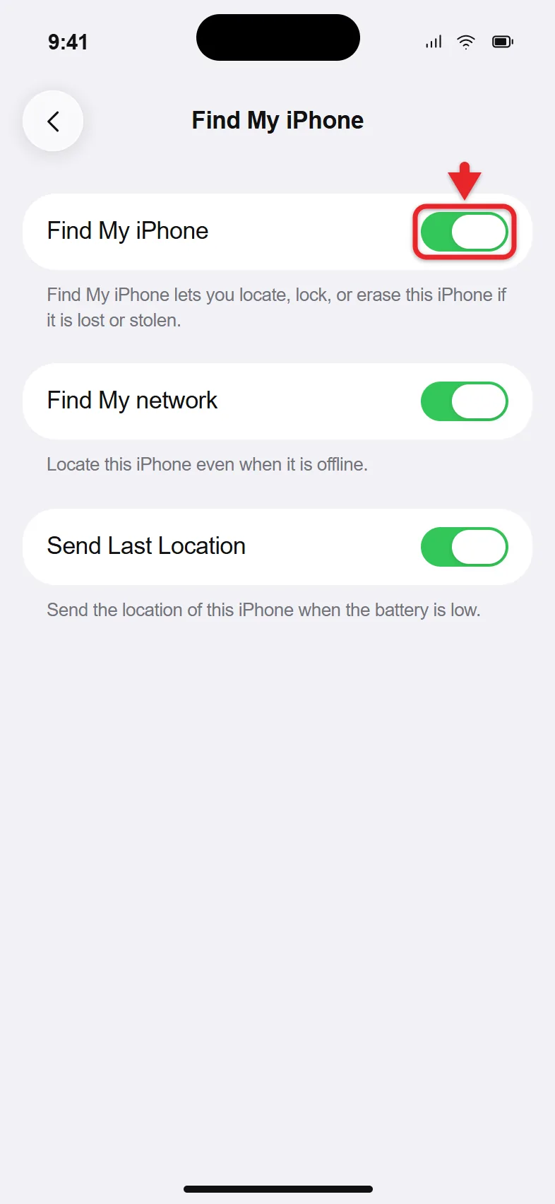 How to Turn Off Find My iPhone 1 Find My iPhone settings screen with the Find My iPhone switch