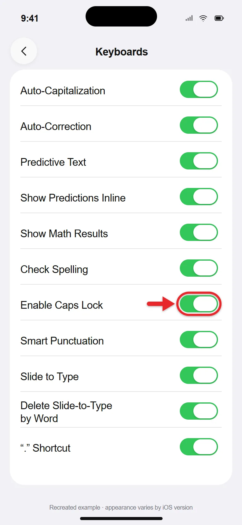 How to Turn On Caps Lock on an iPad or iPhone 4 Recreated iPhone Keyboard settings with Enable Caps Lock switched on and highlighted