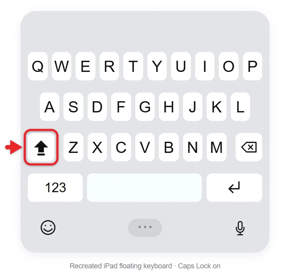 How to Turn On Caps Lock on an iPad or iPhone 1 Recreated close-up of the iPad floating keyboard with uppercase letters and the filled Shift arrow with a line underneath highlighted to indicate Caps Lock